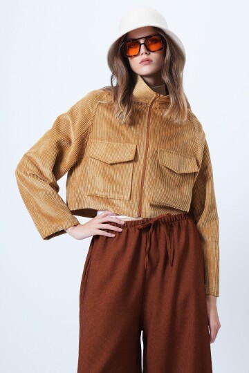 Çift Cepli Reglan Kol Kadife Ceket