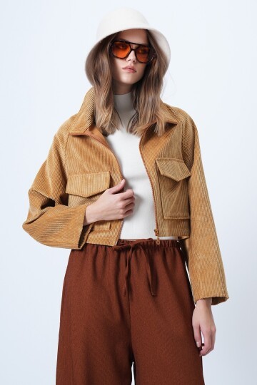 Çift Cepli Reglan Kol Kadife Ceket