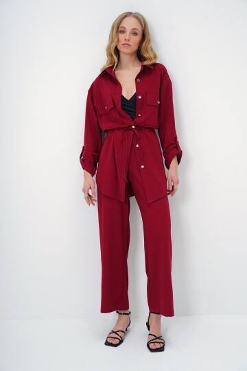 Çift Cepli Safari Ceket Ve Beli Lastikli Wide Leg Aerobin Pantolonlu Takım