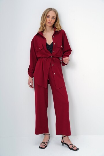 Çift Cepli Safari Ceket Ve Beli Lastikli Wide Leg Aerobin Pantolonlu Takım