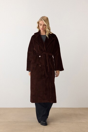 Çift Düğmeli Yumuşak Dokulu Kaşe Kaban