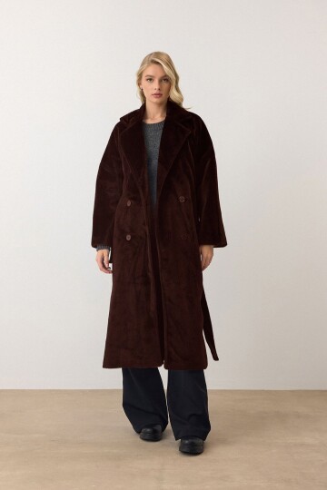 Çift Düğmeli Yumuşak Dokulu Kaşe Kaban