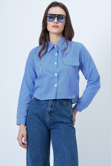 Çizgili Düğmeli Cep Detaylı Crop Gömlek