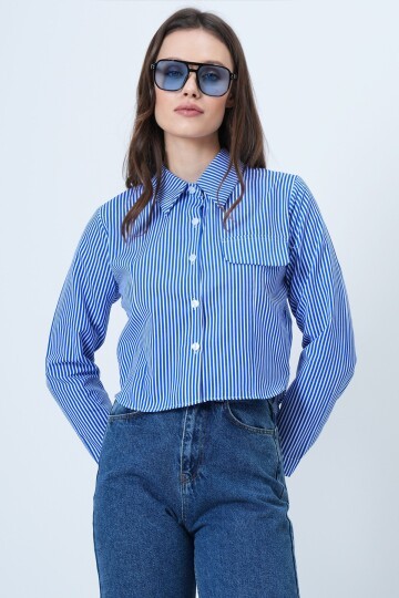 Çizgili Düğmeli Cep Detaylı Crop Gömlek
