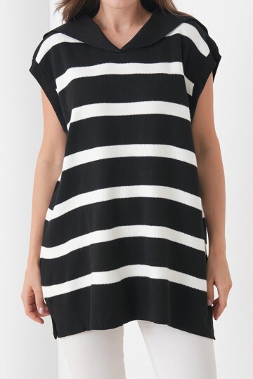 Çizgili Düşük Kol Polo Yaka Triko Süveter