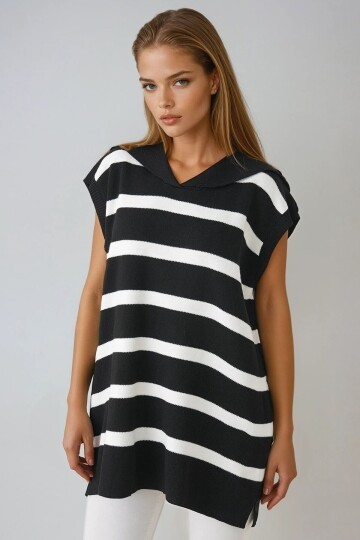 Çizgili Düşük Kol Polo Yaka Triko Süveter