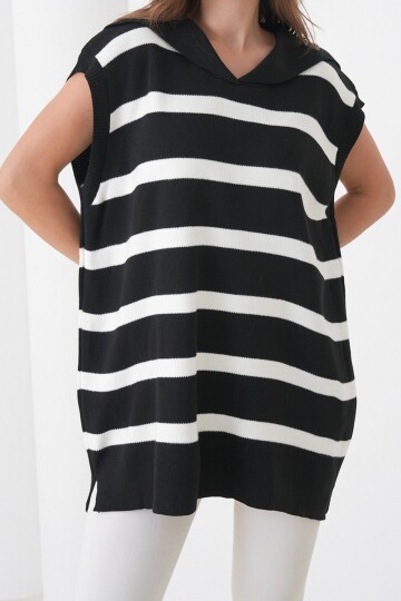 Çizgili Düşük Kol Polo Yaka Triko Süveter