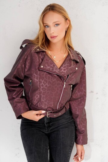 Desenli Fermuarlı Kemer Detaylı Suni Deri Biker Ceket