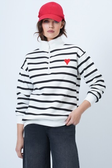 Dik Yaka Yarım Fermuarlı Çizgili Sweatshirt