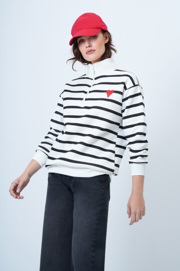 Dik Yaka Yarım Fermuarlı Çizgili Sweatshirt