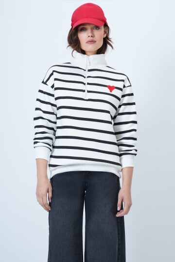 Dik Yaka Yarım Fermuarlı Çizgili Sweatshirt