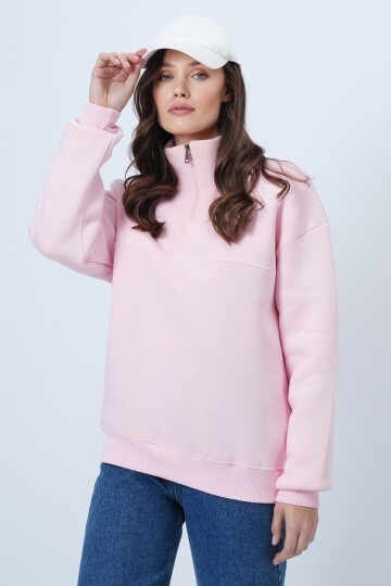 Dik Yaka Yarım Fermuarlı Çımalı Sweatshirt