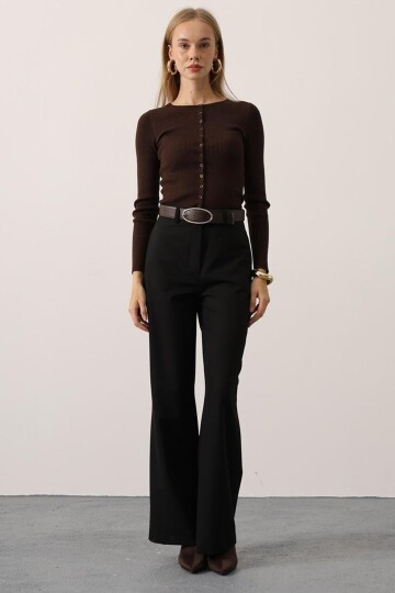 Düğme Kapamalı Çift Cepli Palazzo Pantolon