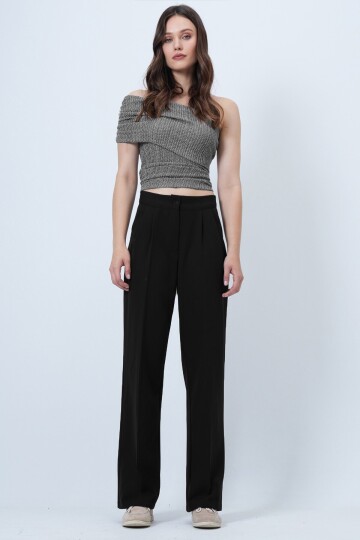 Düğme Kapamalı Çift Cepli Palazzo Pantolon