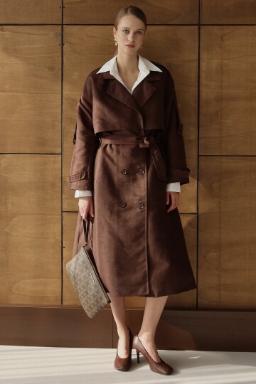 Düğme Kapamalı Kuşaklı Trençkot