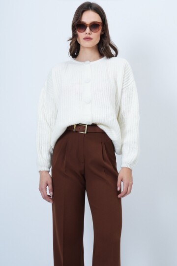 Düğmeli Bisiklet Yaka Fitilli Triko Hırka