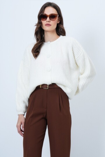 Düğmeli Bisiklet Yaka Fitilli Triko Hırka