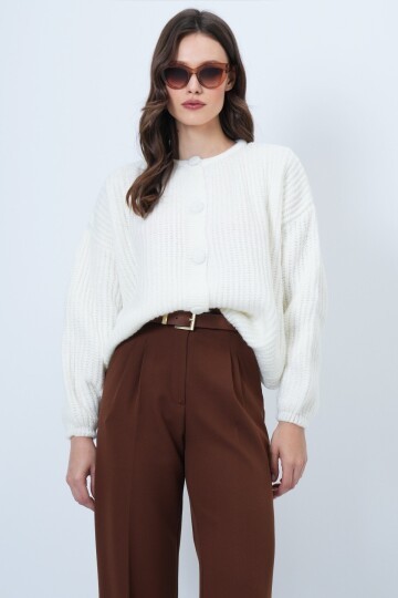 Düğmeli Bisiklet Yaka Fitilli Triko Hırka