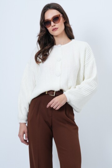 Düğmeli Bisiklet Yaka Fitilli Triko Hırka