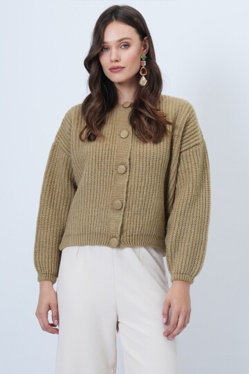 Düğmeli Bisiklet Yaka Fitilli Triko Hırka