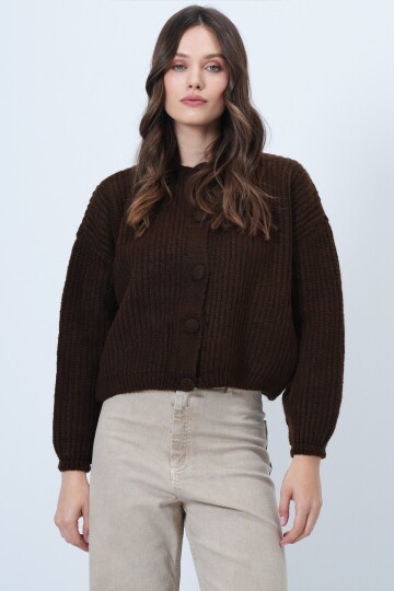 Düğmeli Bisiklet Yaka Fitilli Triko Hırka