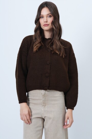 Düğmeli Bisiklet Yaka Fitilli Triko Hırka