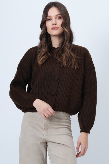 Düğmeli Bisiklet Yaka Fitilli Triko Hırka