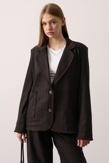 Ekose Desenli Çift Cepli Blazer Ceket