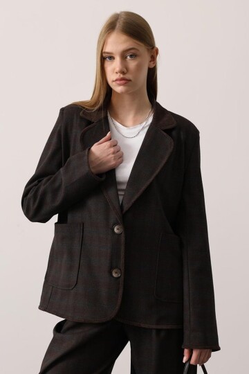 Ekose Desenli Çift Cepli Blazer Ceket