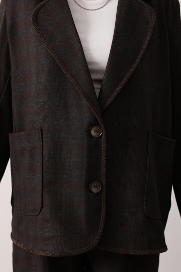 Ekose Desenli Çift Cepli Blazer Ceket