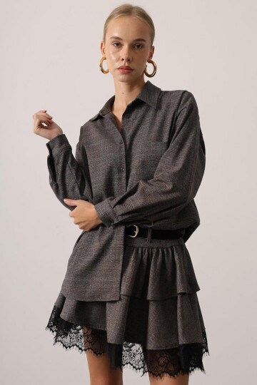 Ekose Desenli Düşük Omuz Oversize Gömlek