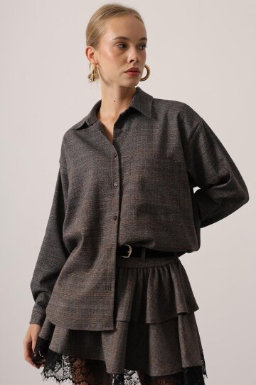 Ekose Desenli Düşük Omuz Oversize Gömlek