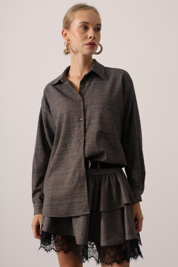 Ekose Desenli Düşük Omuz Oversize Gömlek