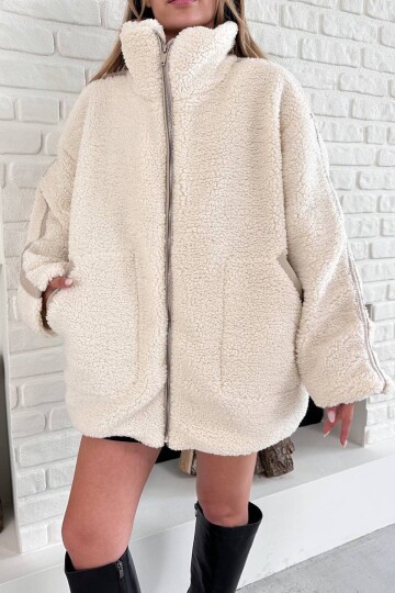 Fermıar Kapamalı Şerit Detaylı Peluş Oversize Ceket