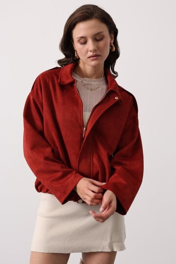 Fermuar Kapamalı Gömlek Yaka Astarlı Bomber Süet Ceket