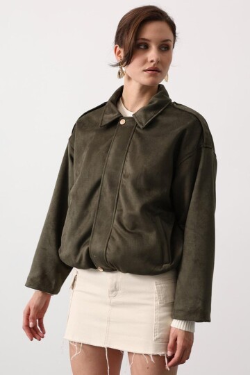 Fermuar Kapamalı Gömlek Yaka Astarlı Bomber Süet Ceket