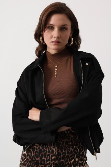 Fermuar Kapamalı Gömlek Yaka Astarlı Bomber Süet Ceket