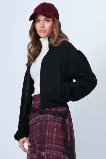 Fermuarlı Peluş Dokulu Kolu Ribanalı Ceket