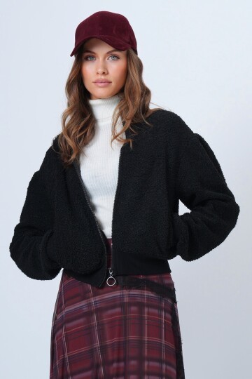 Fermuarlı Peluş Dokulu Kolu Ribanalı Ceket
