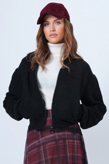 Fermuarlı Peluş Dokulu Kolu Ribanalı Ceket