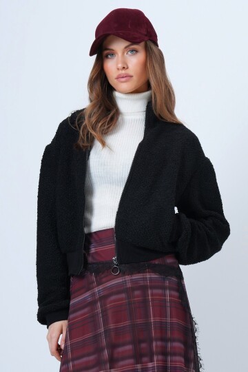 Fermuarlı Peluş Dokulu Kolu Ribanalı Ceket