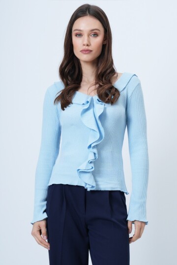 Fırfırlı Geniş Yaka Fitilli Örme Bluz