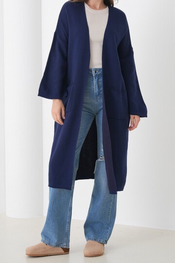 Geniş Kol Çift Cepli Uzun Triko Hırka