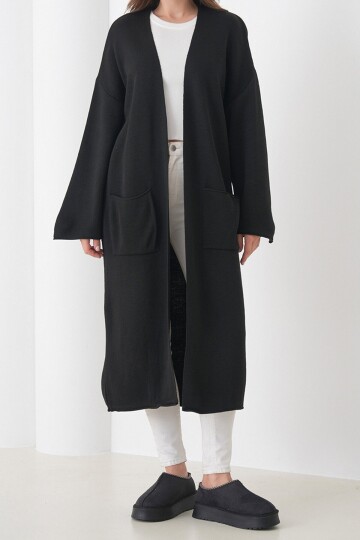 Geniş Kol Çift Cepli Uzun Triko Hırka