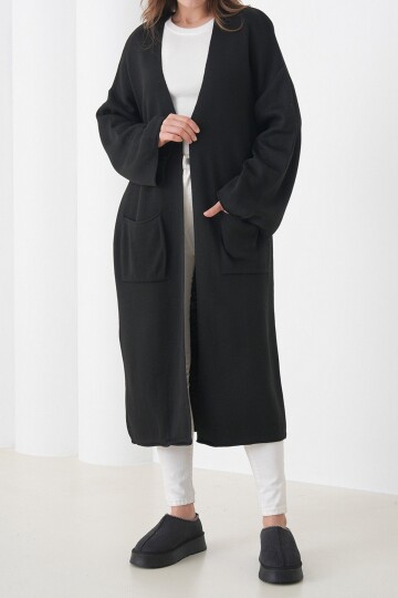 Geniş Kol Çift Cepli Uzun Triko Hırka