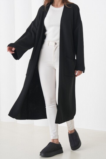 Geniş Kol Çift Cepli Uzun Triko Hırka