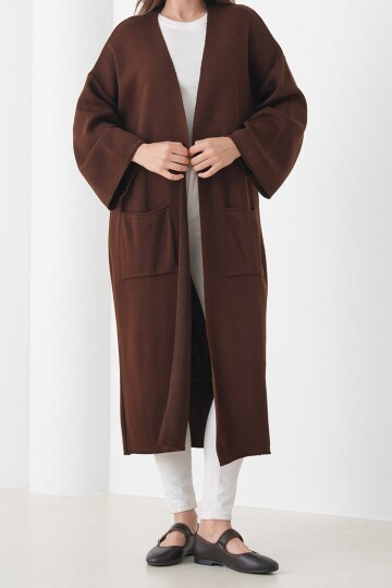 Geniş Kol Çift Cepli Uzun Triko Hırka