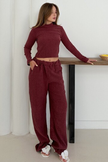 Geniş Kol Crop Bluz Ve Beli Lastikli Pantolon Fitilli Takım