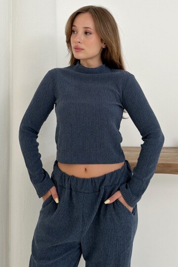 Geniş Kol Crop Bluz Ve Beli Lastikli Pantolon Fitilli Takım