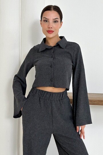 Geniş Kol Crop Gömlek Ve Beli Lastikli Pantolon Fitilli Takım